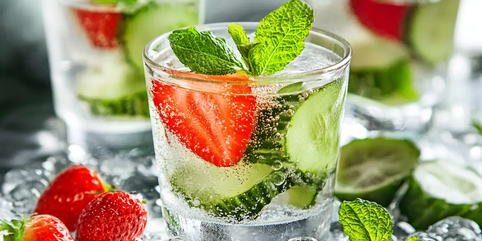 A beautiful mix of drinks, including smoothies, coffee, and iced tea, surrounded by fresh fruits and herbs on a wooden table.