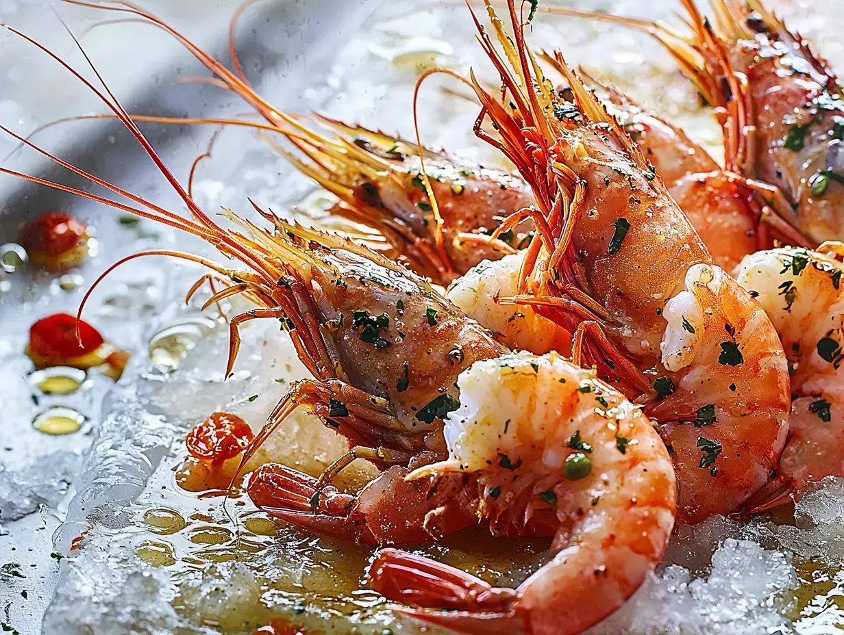 A close-up of freshly cooked shrimp garnished with herbs, resting on a bed of ice.