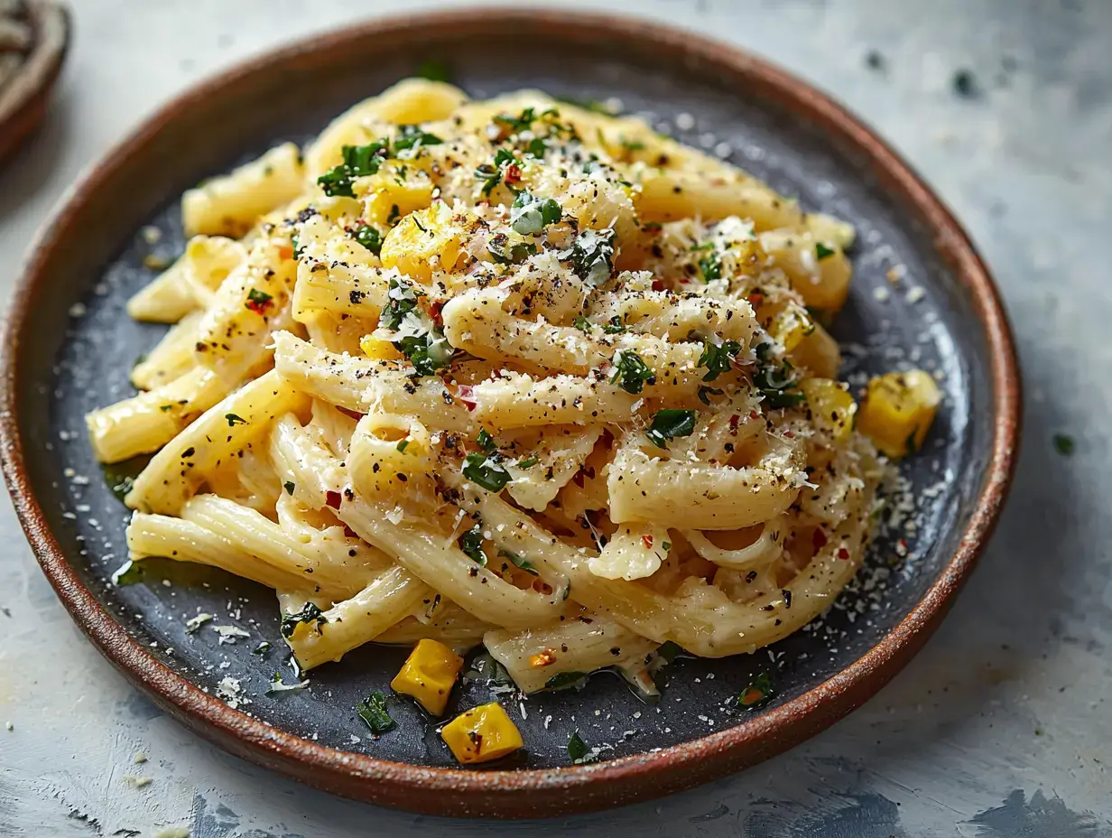 A plate of creamy pasta topped with grated cheese, herbs, and diced yellow vegetables.