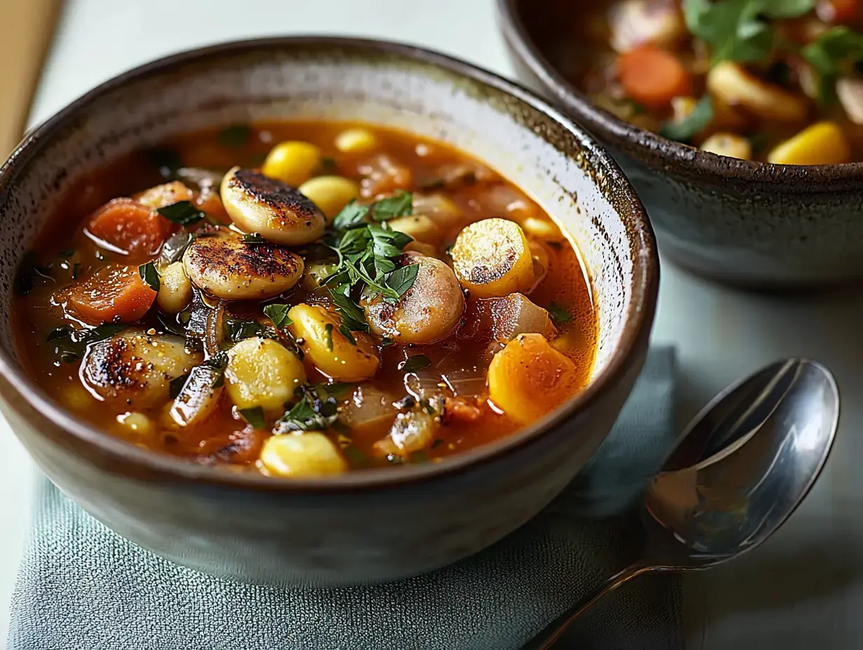 A close-up of a bowl of hearty vegetable soup filled with colorful carrots, corn, and herbs, with a second bowl slightly blurred in the background.