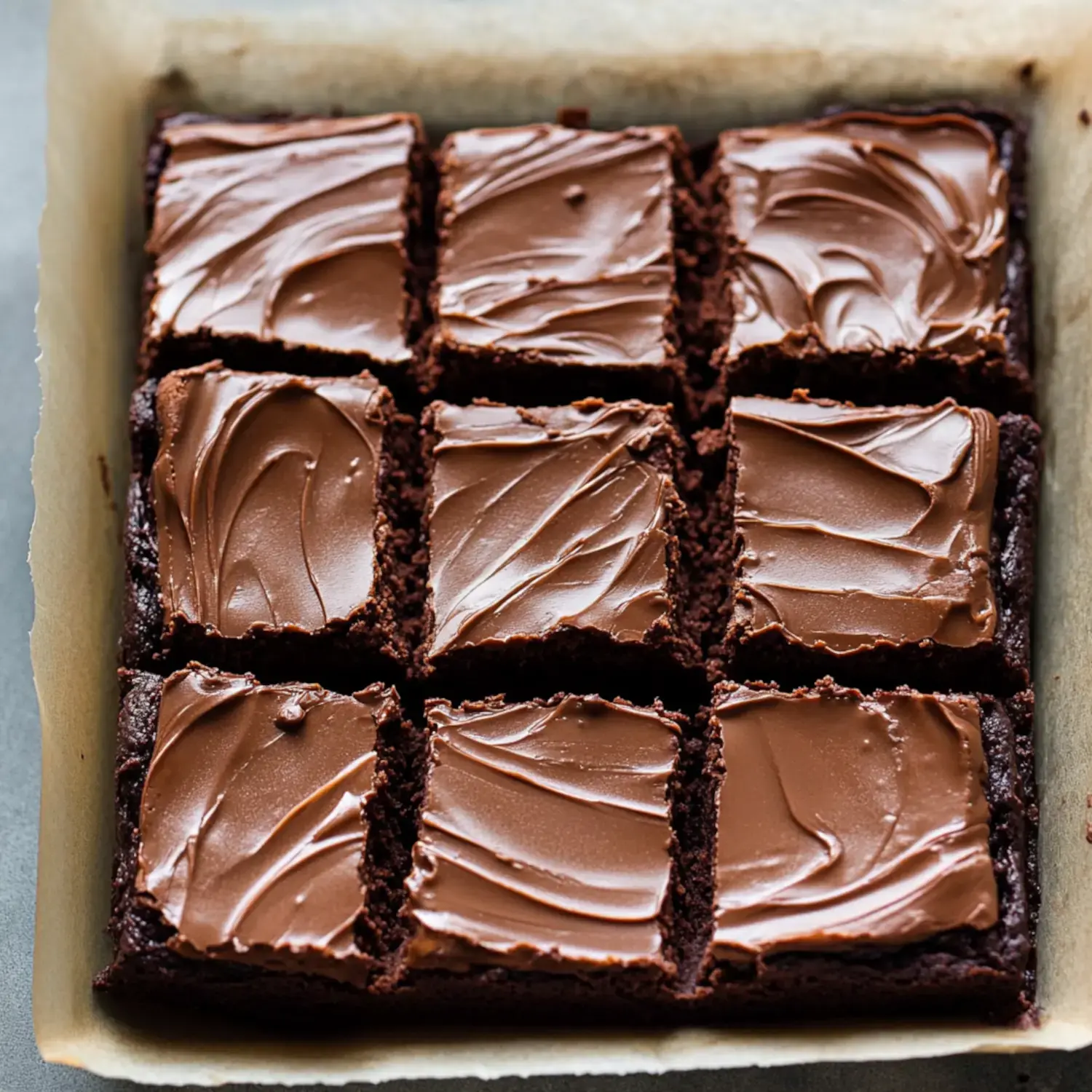 Squares of chocolate brownies topped with a creamy chocolate layer, displayed in a tray.