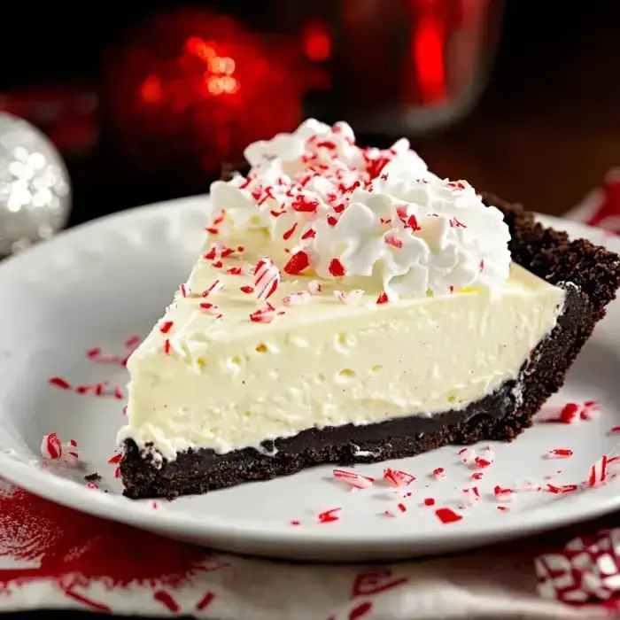 A peppermint-filled pie slice with whipped topping and crushed candy on a plate in a festive setting.