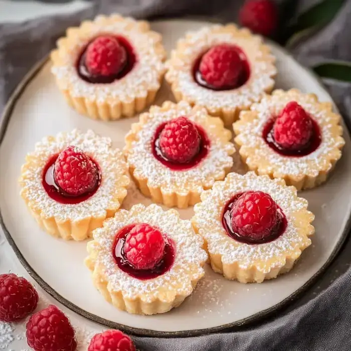 Small tart cups with raspberry filling and powdered-sugar-dusted fresh raspberries on a plate.