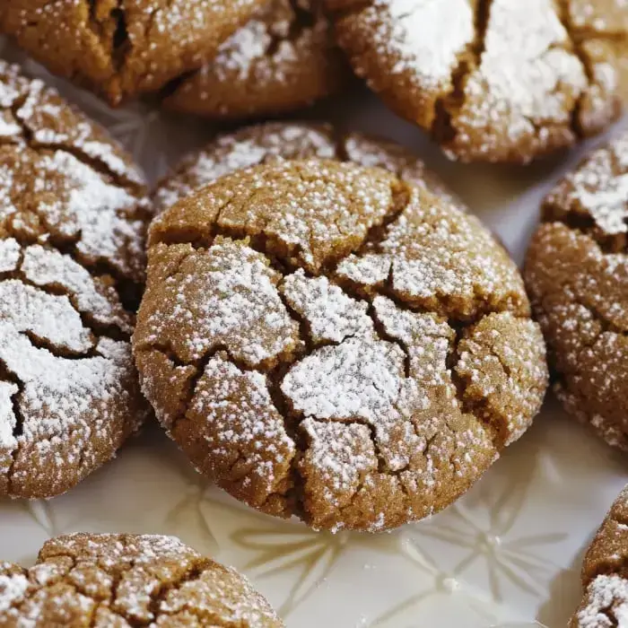 Fresh-baked cookies with powdered sugar cracks, featuring golden edges and a warm appearance.
