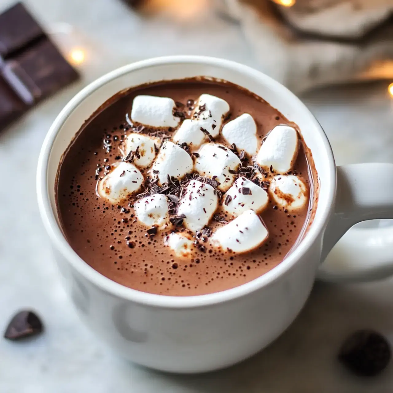 A cozy mug brimming with hot chocolate, topped with fluffy marshmallows and chocolate curls, set on a soft, blurred background.