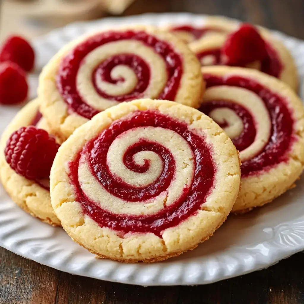 A plate of round raspberry swirl cookies topped with powdered sugar and fresh raspberries.