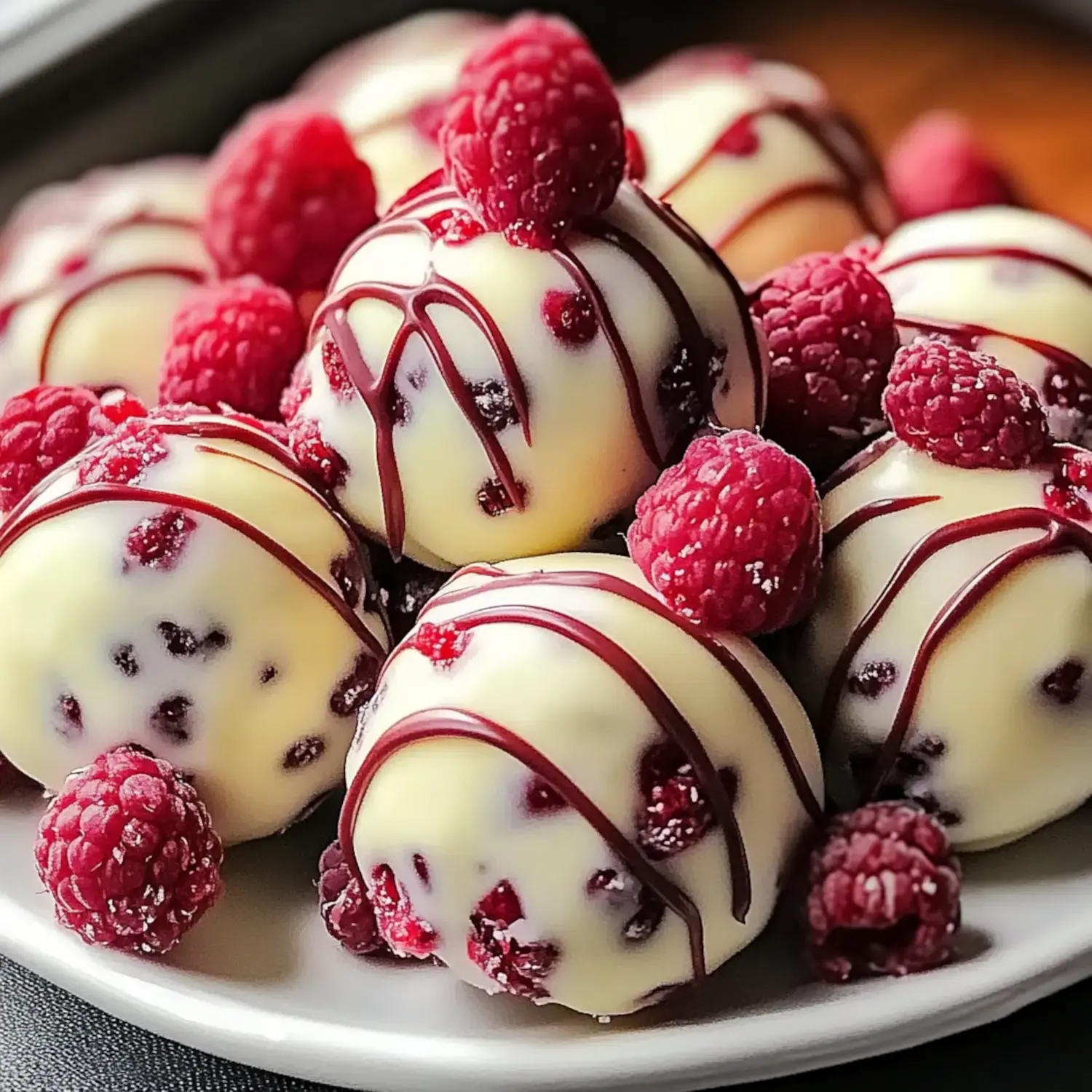 A serving of white chocolate-covered raspberry balls topped with berries and chocolate drizzle.