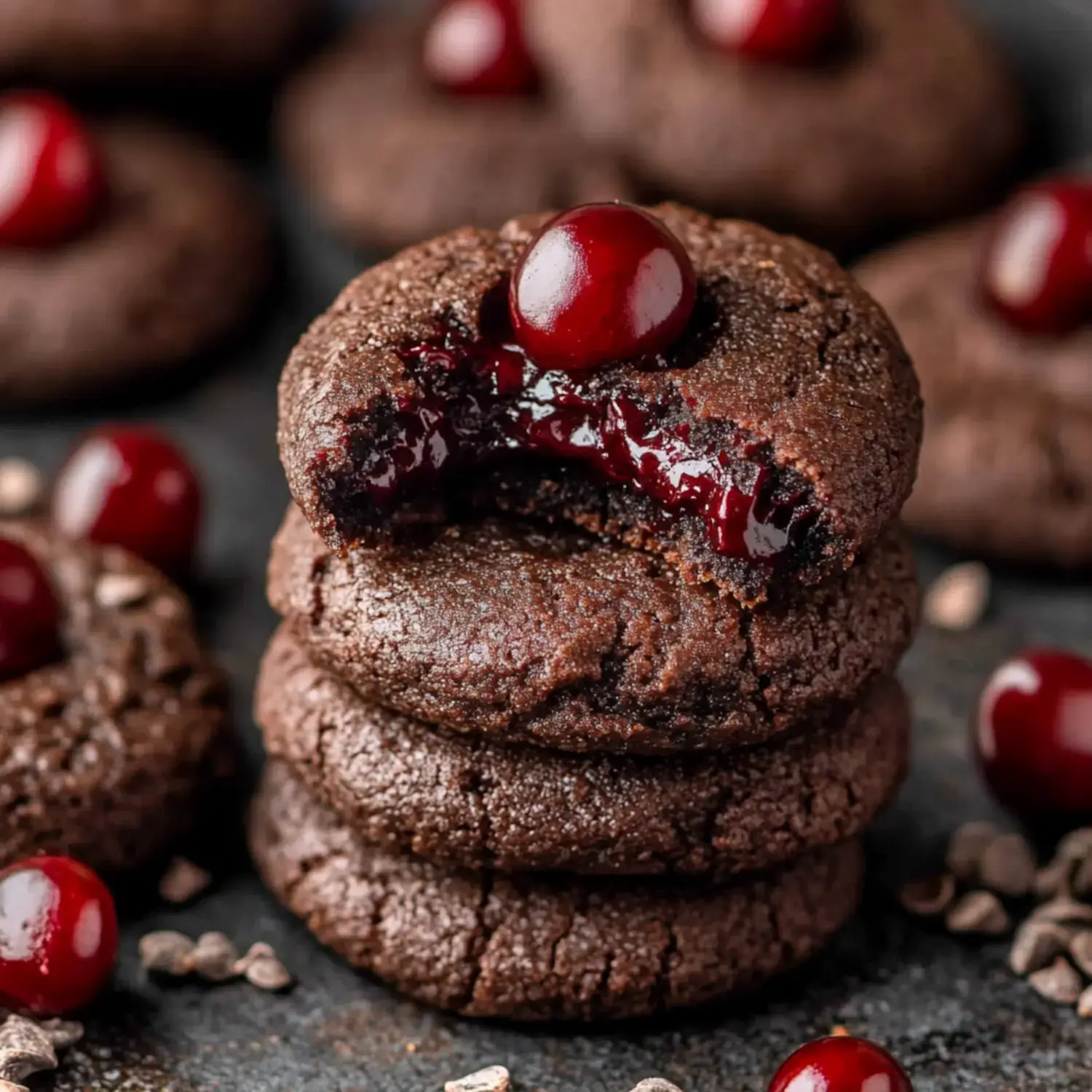 A tall stack of soft chocolate cookies with cherry filling, surrounded by pieces of chocolate and more cookies nearby.