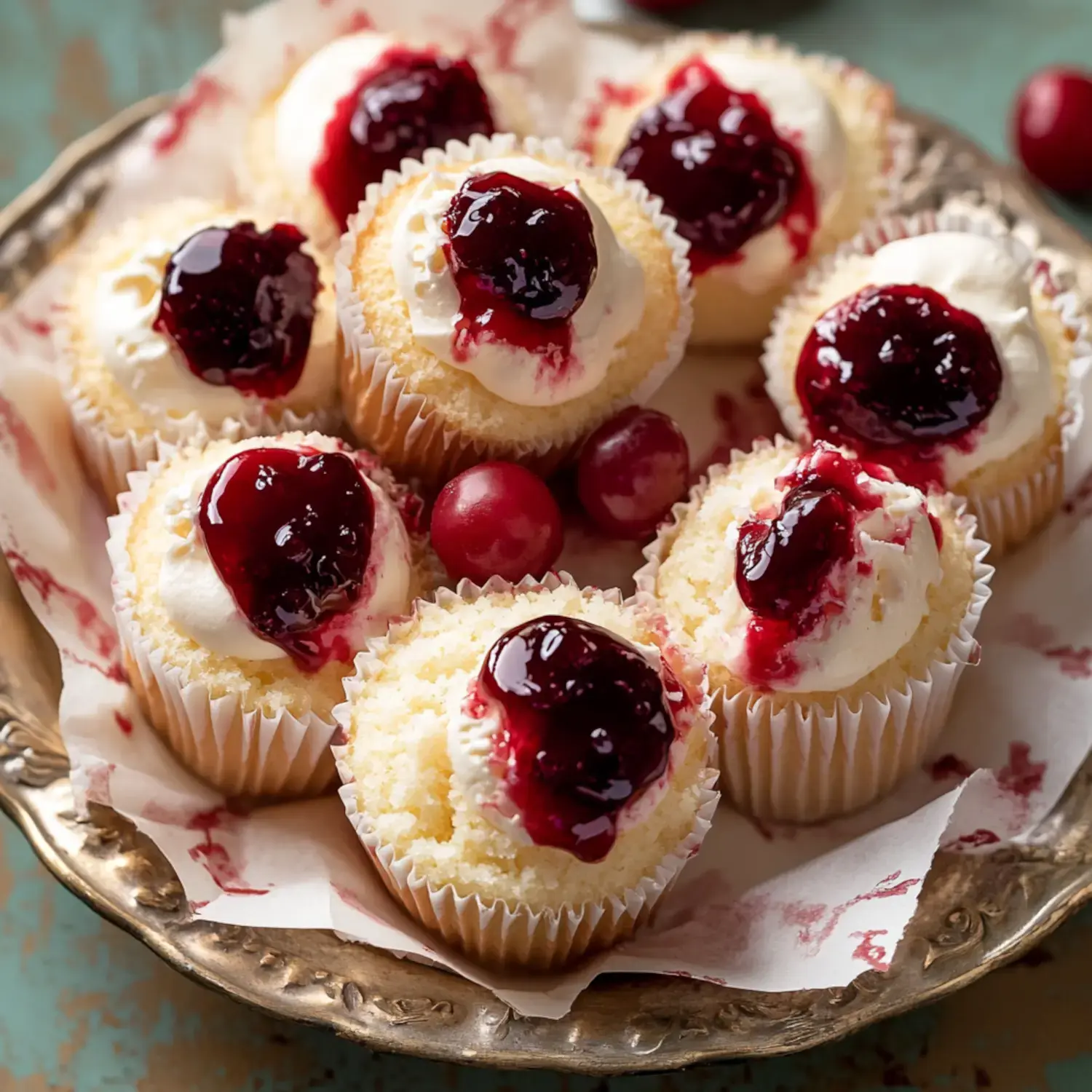 Vanilla cupcakes with a dollop of frosting and bright red cherry garnish, sitting on a fancy silver platter with cherries on the side.