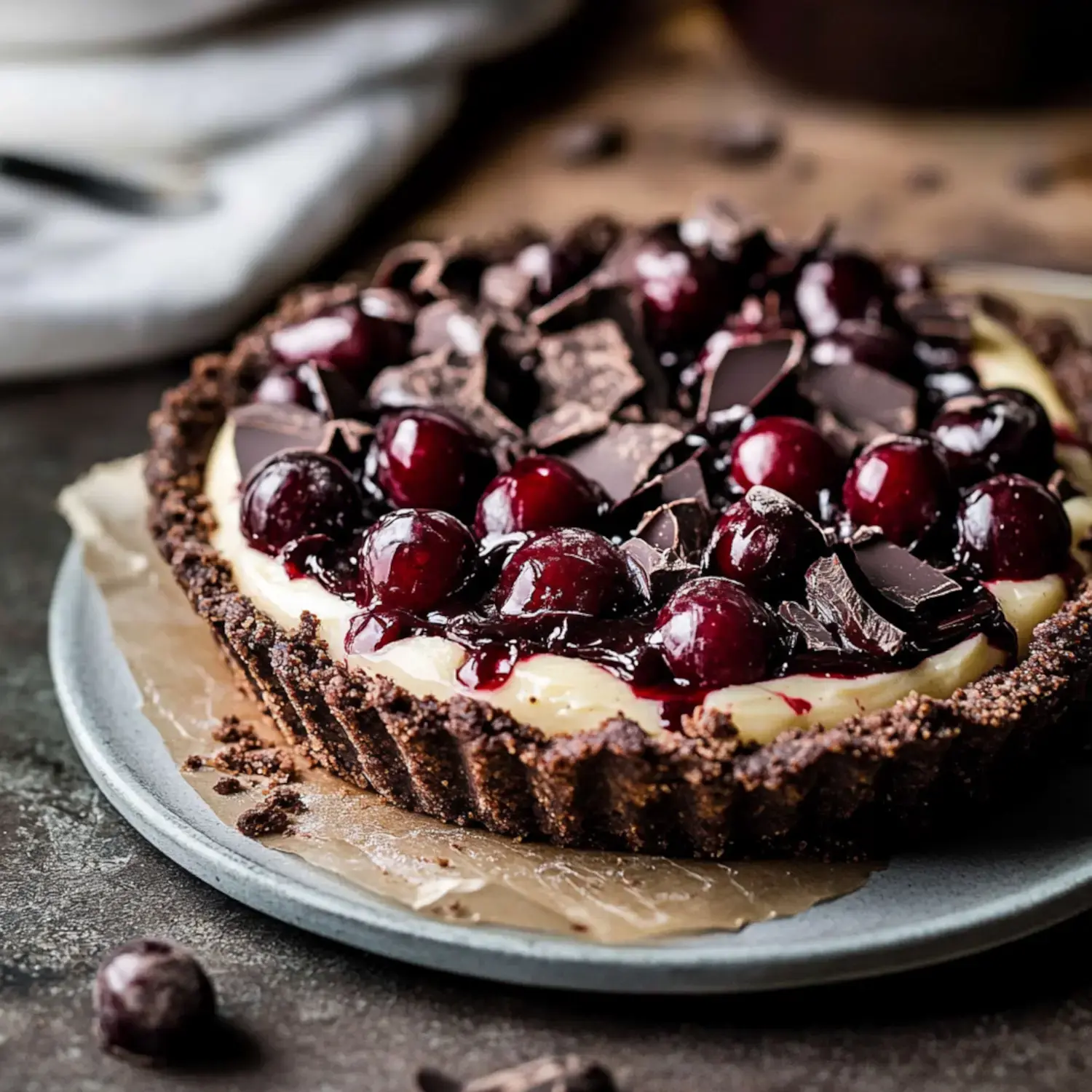 A chocolate shell dessert holding layers of creamy filling, cherries, and chocolate sprinkles on a gray dish.