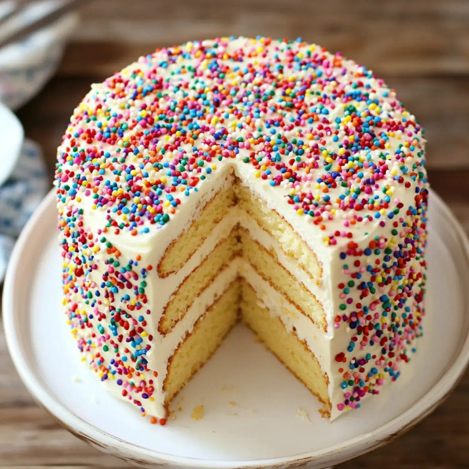 A colorful cake with sprinkles and creamy layers, with a slice taken out revealing a soft yellow interior.