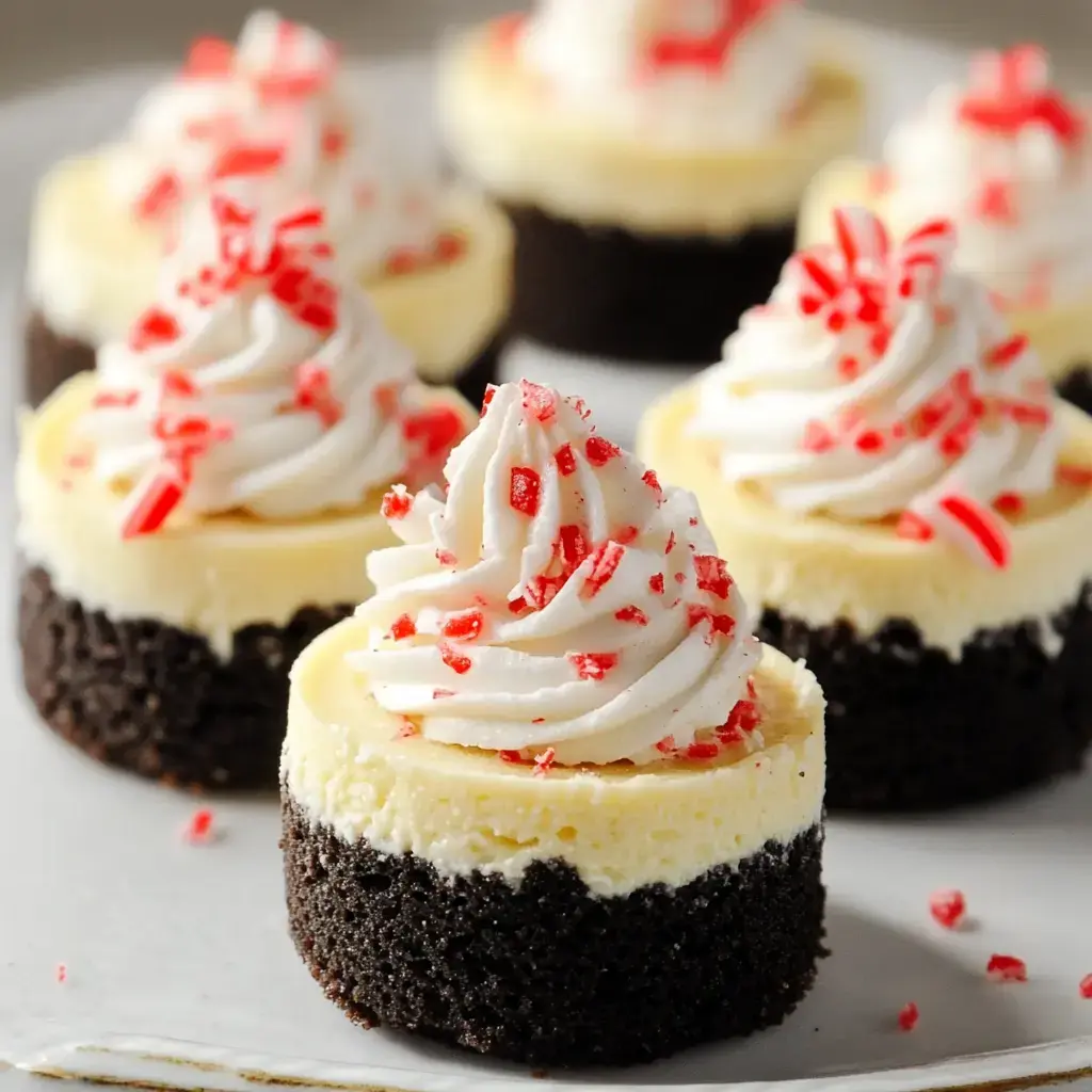 Close-up of tiny cheesecakes with whipped cream and red sprinkles on a white plate.