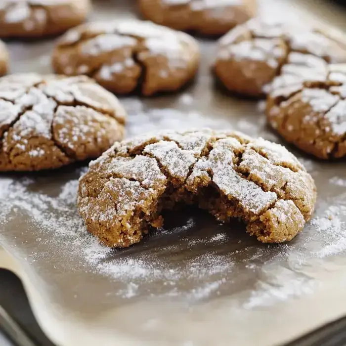 A close-up of a broken cookie with powdered sugar on top, surrounded by whole cookies on a baking sheet.