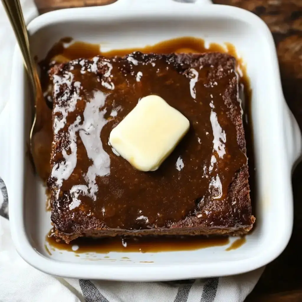 A square piece of dessert topped with a pat of butter and covered in a glossy brown sauce, served in a white dish.