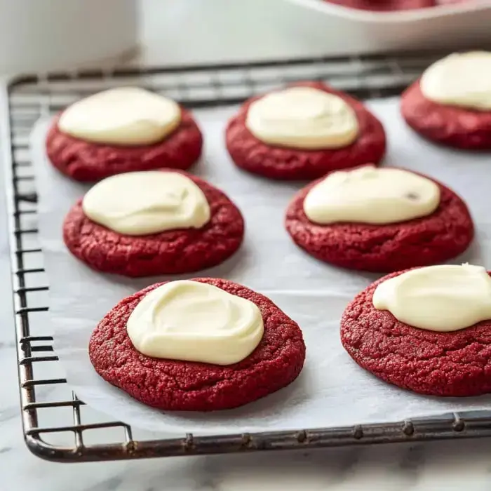 Red velvet cookies decorated with fluffy white frosting sit on a wire cooling rack.