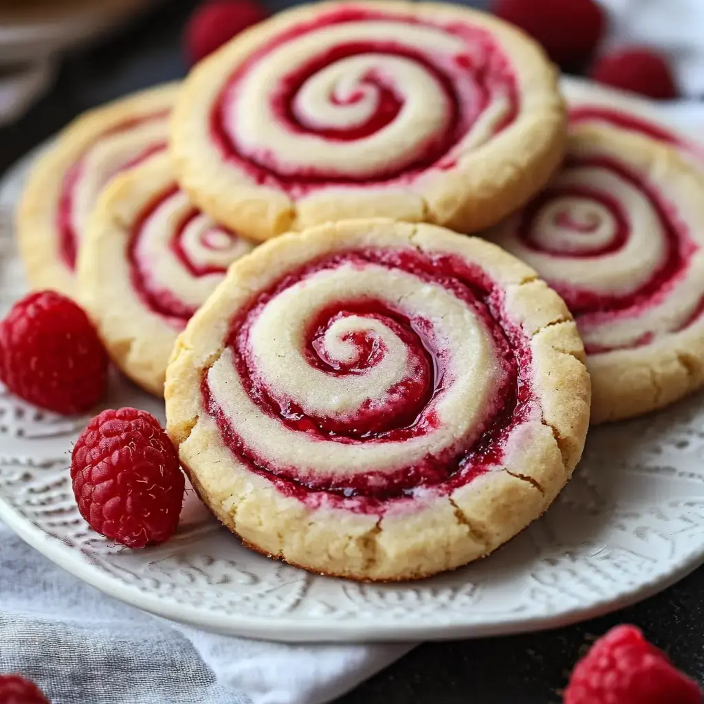 Spiral-shaped raspberry swirl cookies displayed on a plate with fresh raspberries scattered nearby.