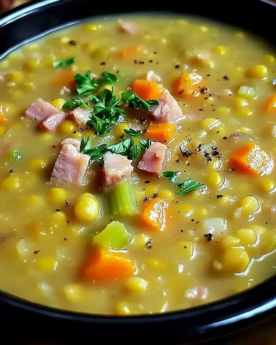 A steaming bowl of thick soup showing bits of ham, corn, carrots and celery topped with fresh herbs, served in a dark bowl.