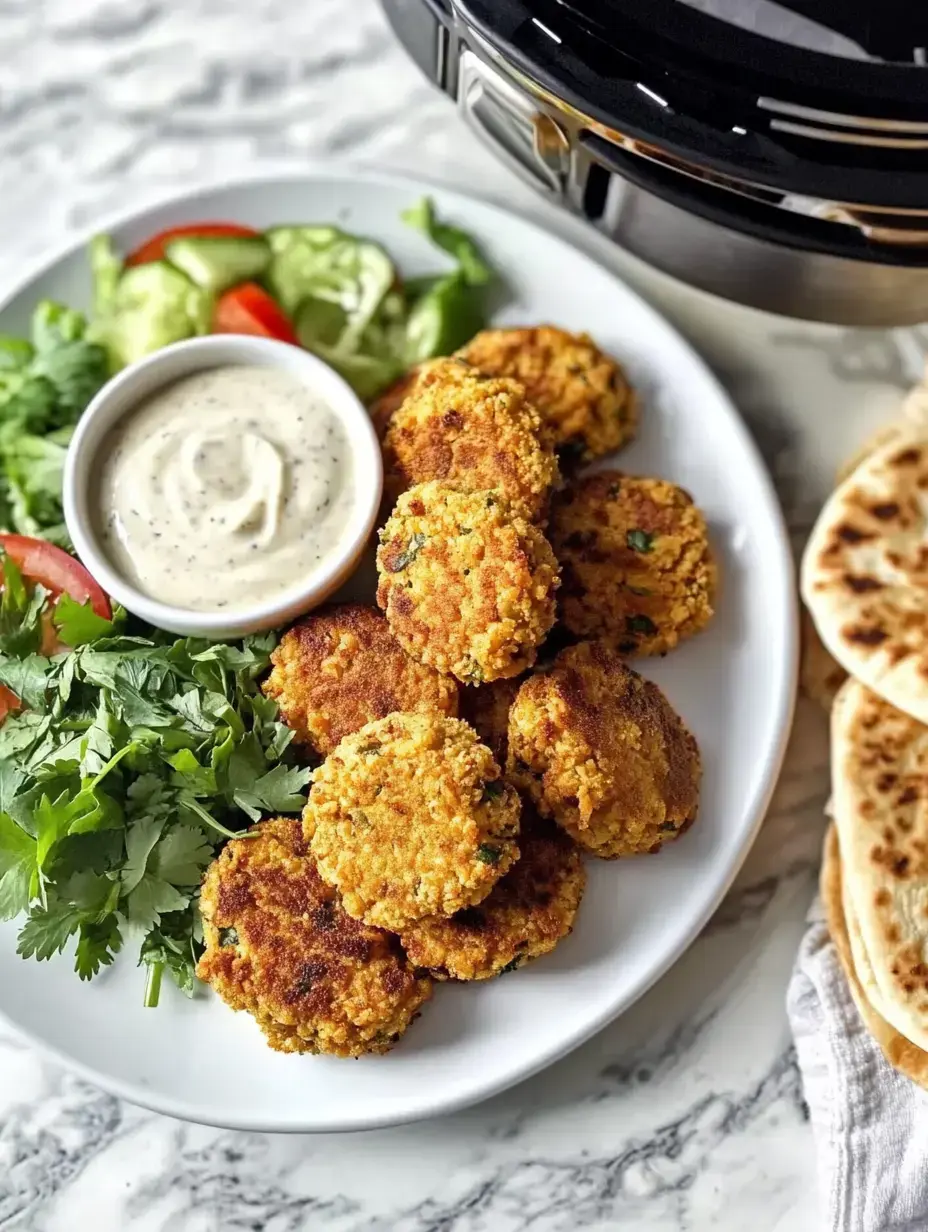 A collection of golden falafels sits beside a fresh salad, creamy sauce for dipping, and warm flatbreads on a serving plate.