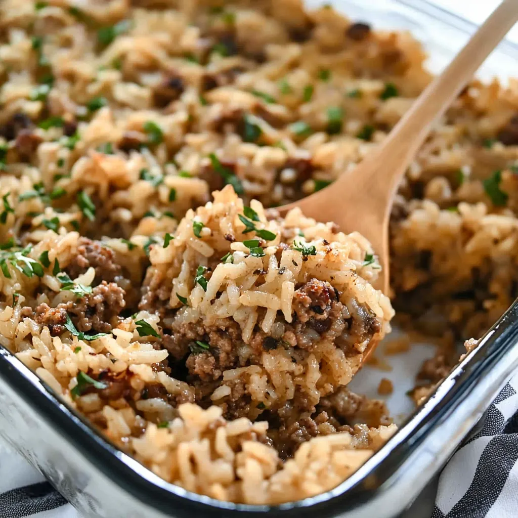 Hearty French Onion Ground Beef and Rice Bake