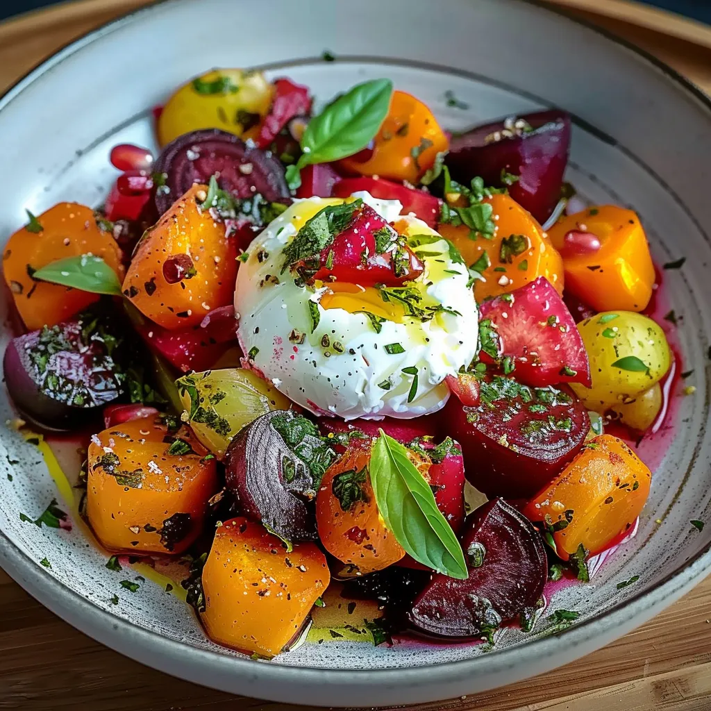 Bright roasted beet and burrata salad, perfectly mixing sweet and creamy notes.