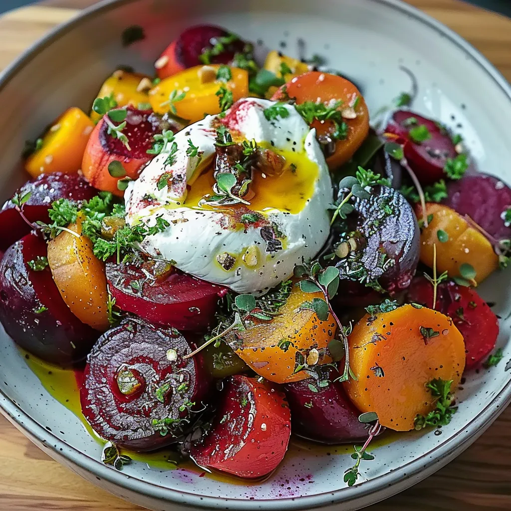 Oven-baked beets with burrata, a colorful and tasty salad for any meal.