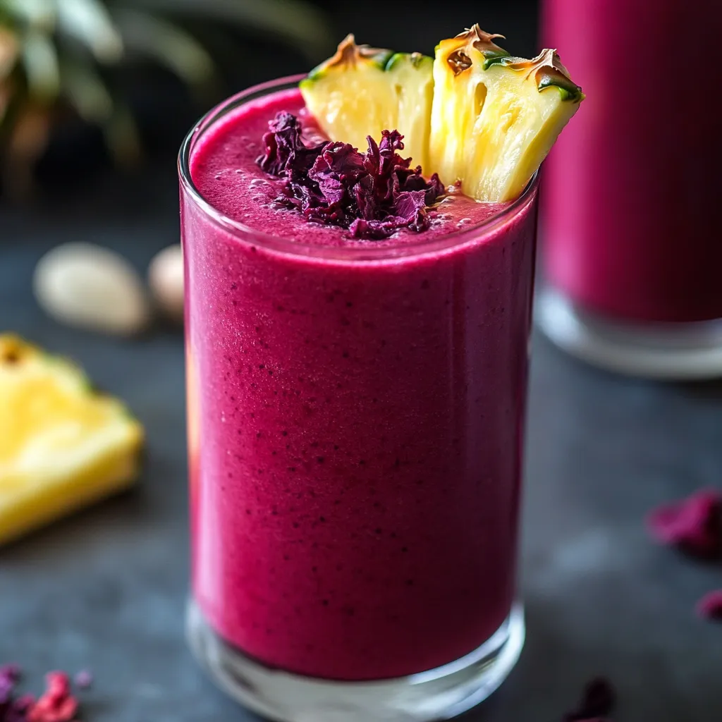 Vibrant hibiscus tea pineapple smoothie, a nutritious and vivid beverage suitable for any occasion.