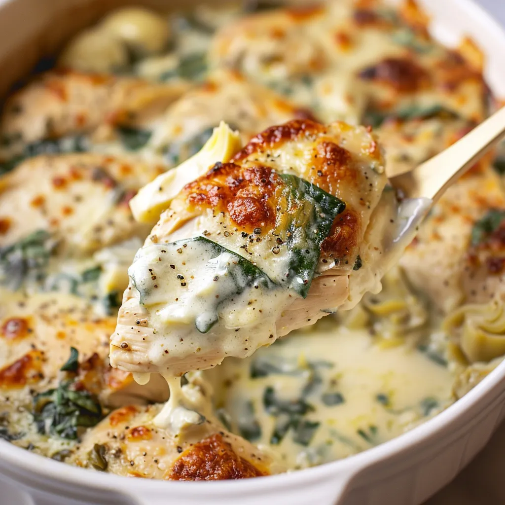 Creamy spinach artichoke chicken bake, a comforting and flavorful dish.