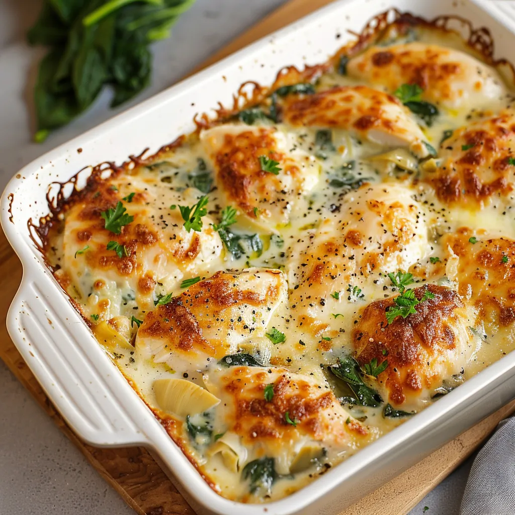 Mouthwatering chicken dish with spinach and artichokes, ideal for a filling dinner.