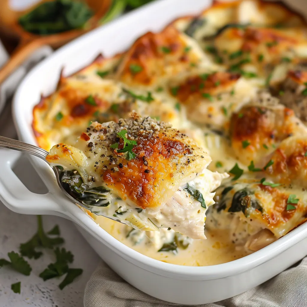 Cheesy spinach artichoke chicken bake, a rich and fulfilling meal for any day.