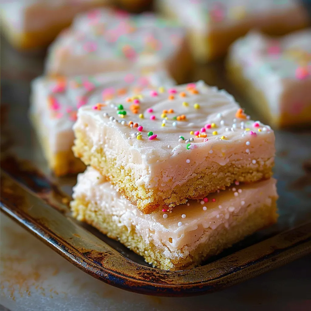 Soft frosted cookie squares topped with colorful sprinkles on a serving tray.