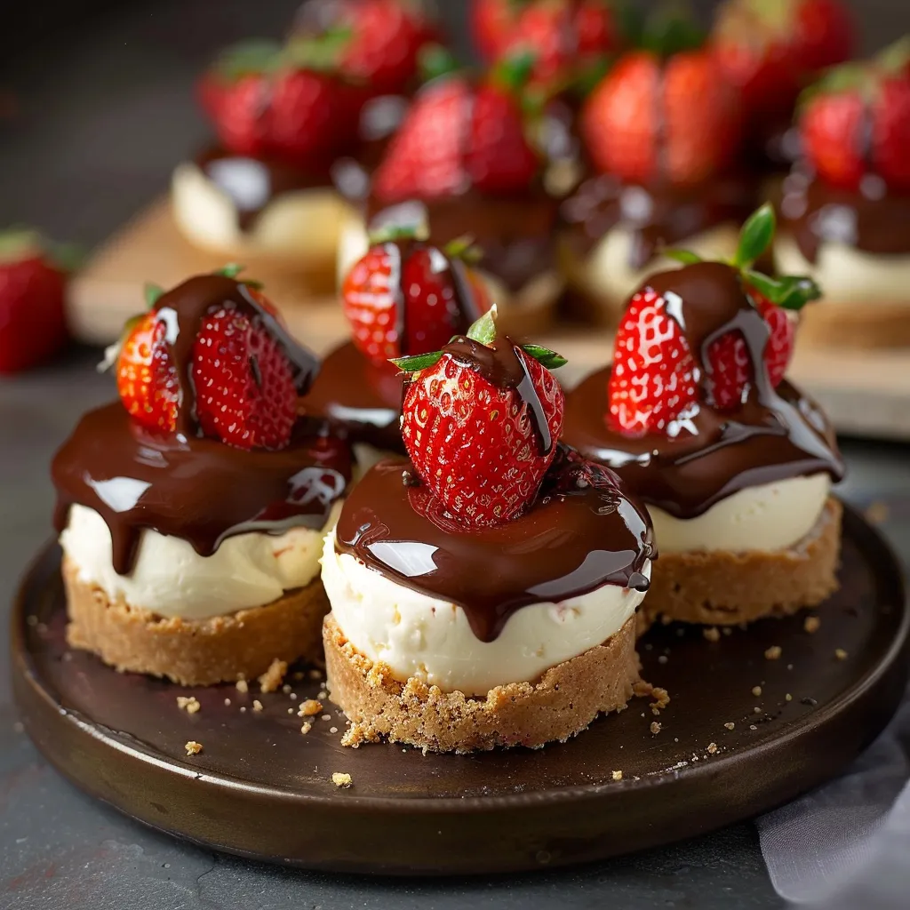 Strawberry cheesecake topped with chocolate, a delicious and tempting dessert combo.