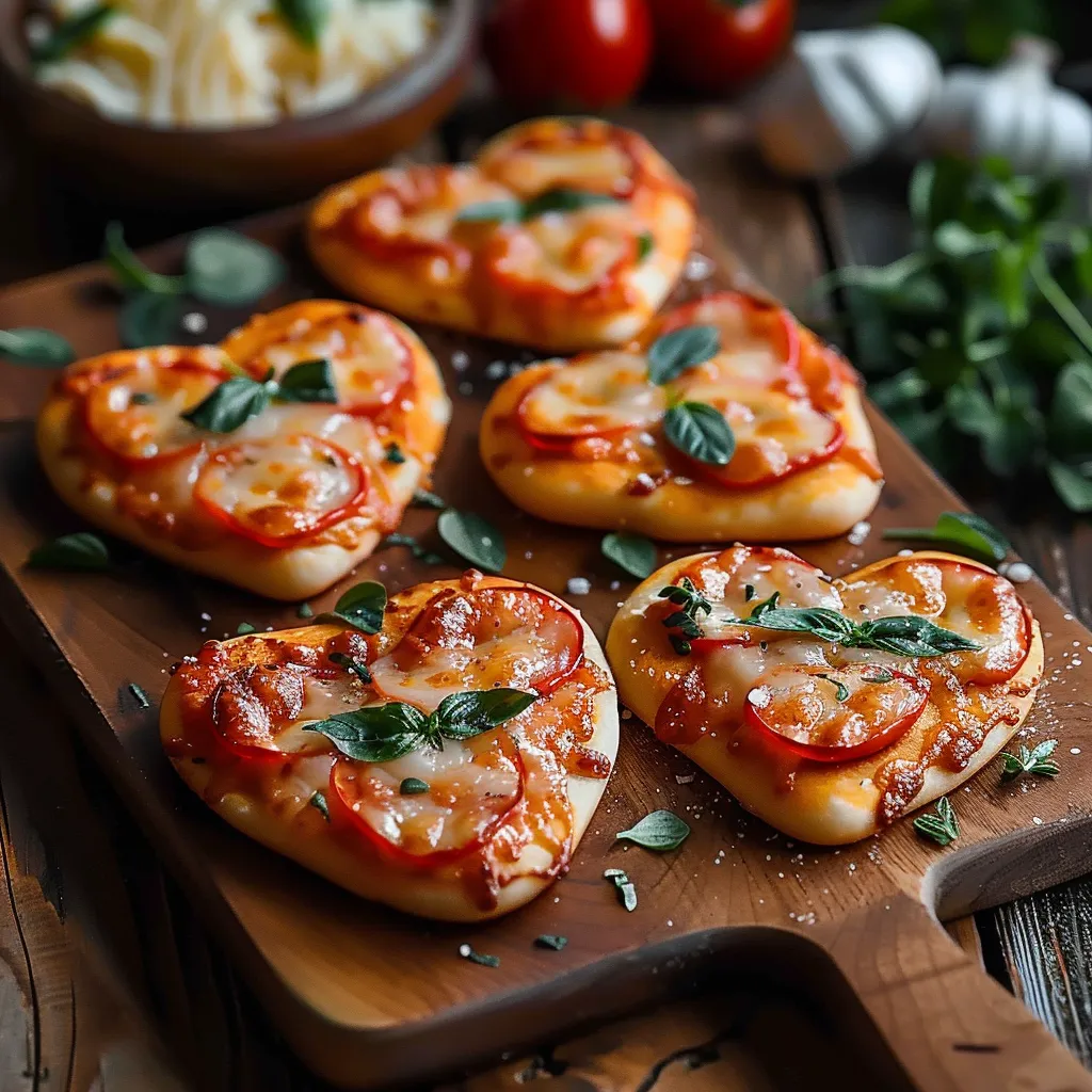 Small heart-shaped pizzas with cheese and sauce, ideal for Valentine's celebration.