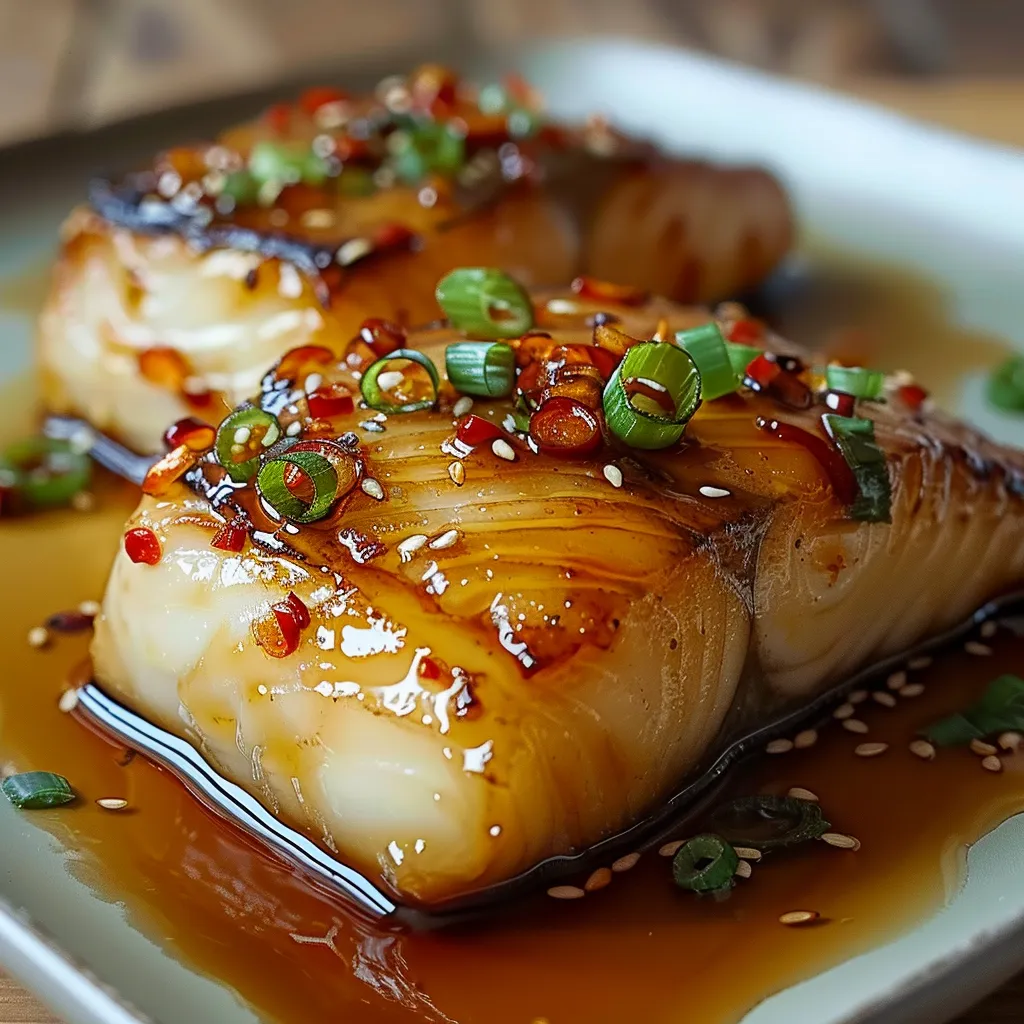 Juicy cod pieces glazed with a flavorful ginger soy mix, bursting with taste.