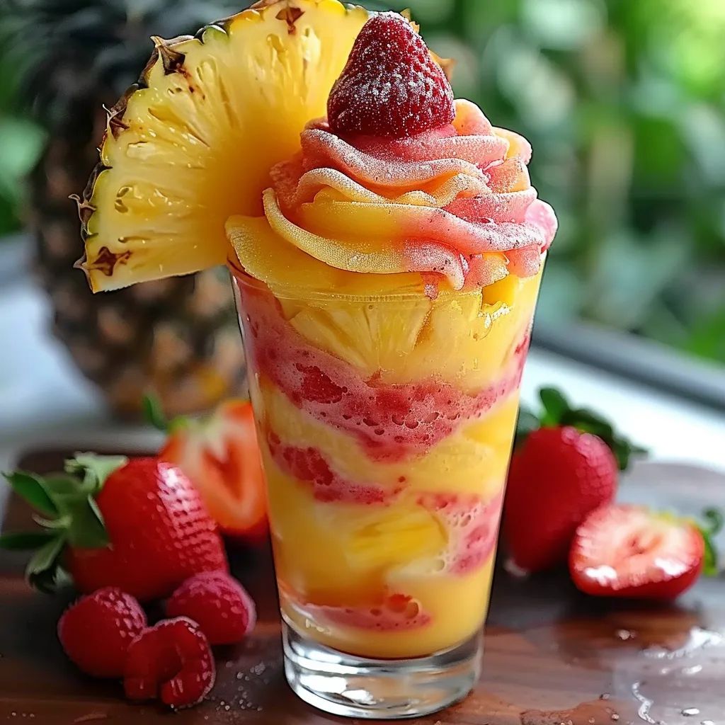 Fruity swirled slushies with pineapple and strawberry, a colorful frozen treat.