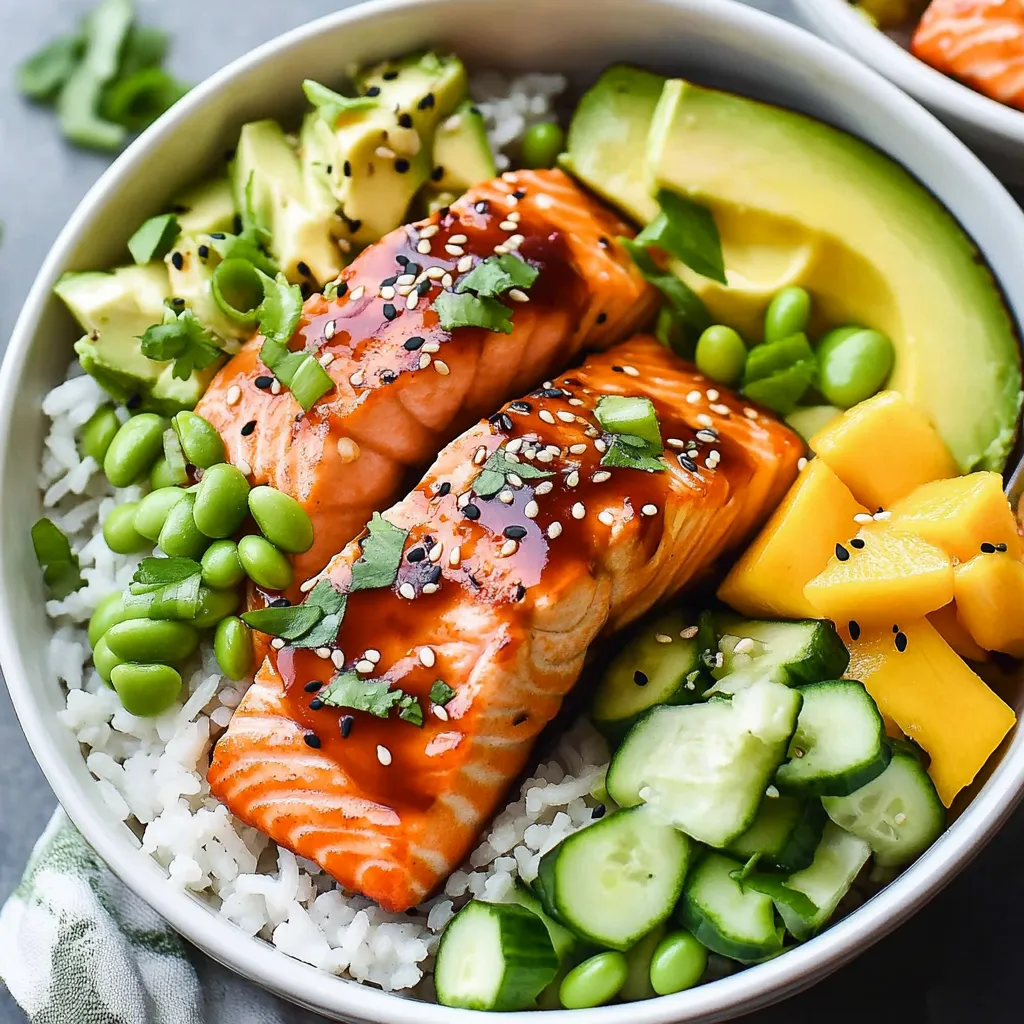 Bright and colorful salmon rice bowls