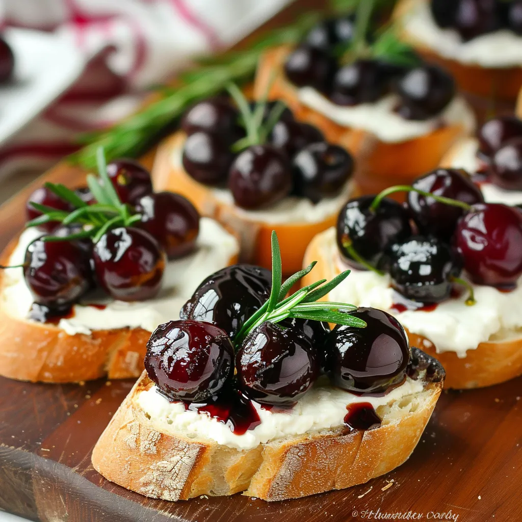 Crispy crostini topped with roasted cherries and creamy goat cheese, a perfect appetizer.