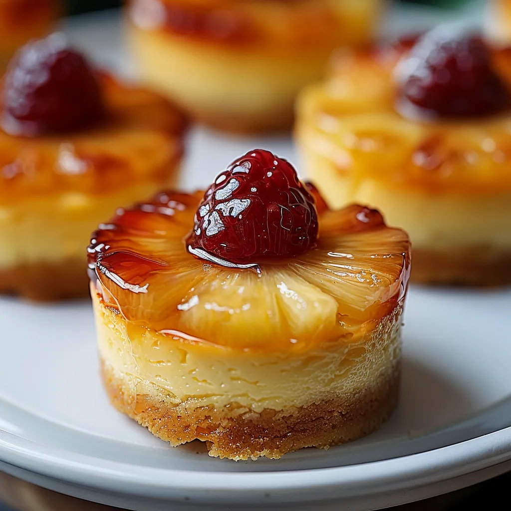 Decadent mini cheesecakes topped with caramelized pineapple chunks.