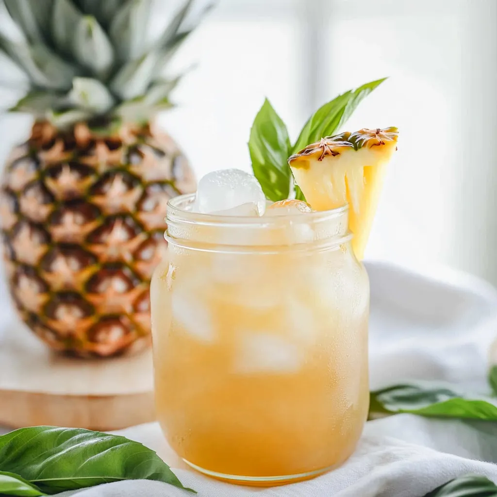 A glass of iced tea garnished with a slice of pineapple.