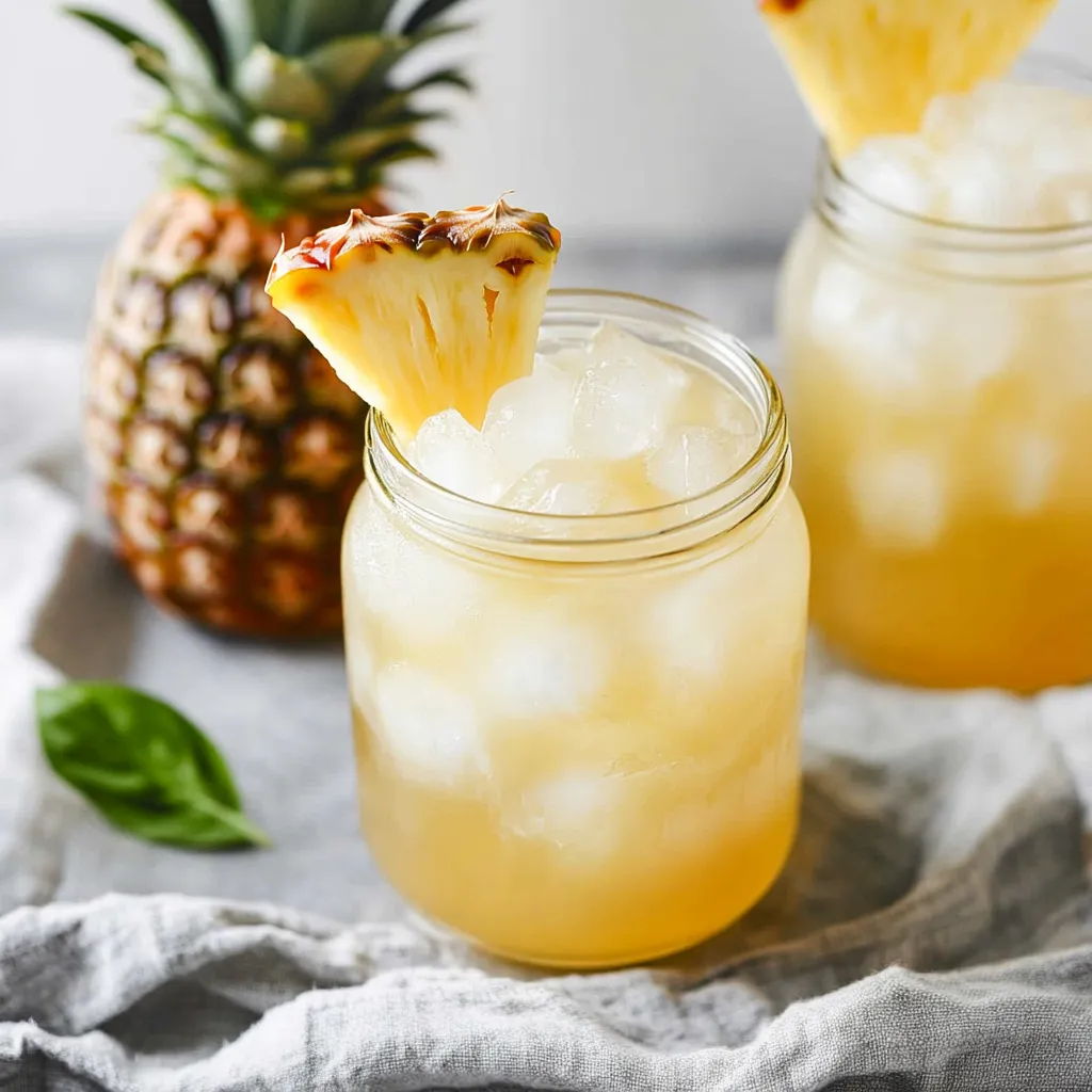 Two glasses of pineapple juice with pineapple slices in them.