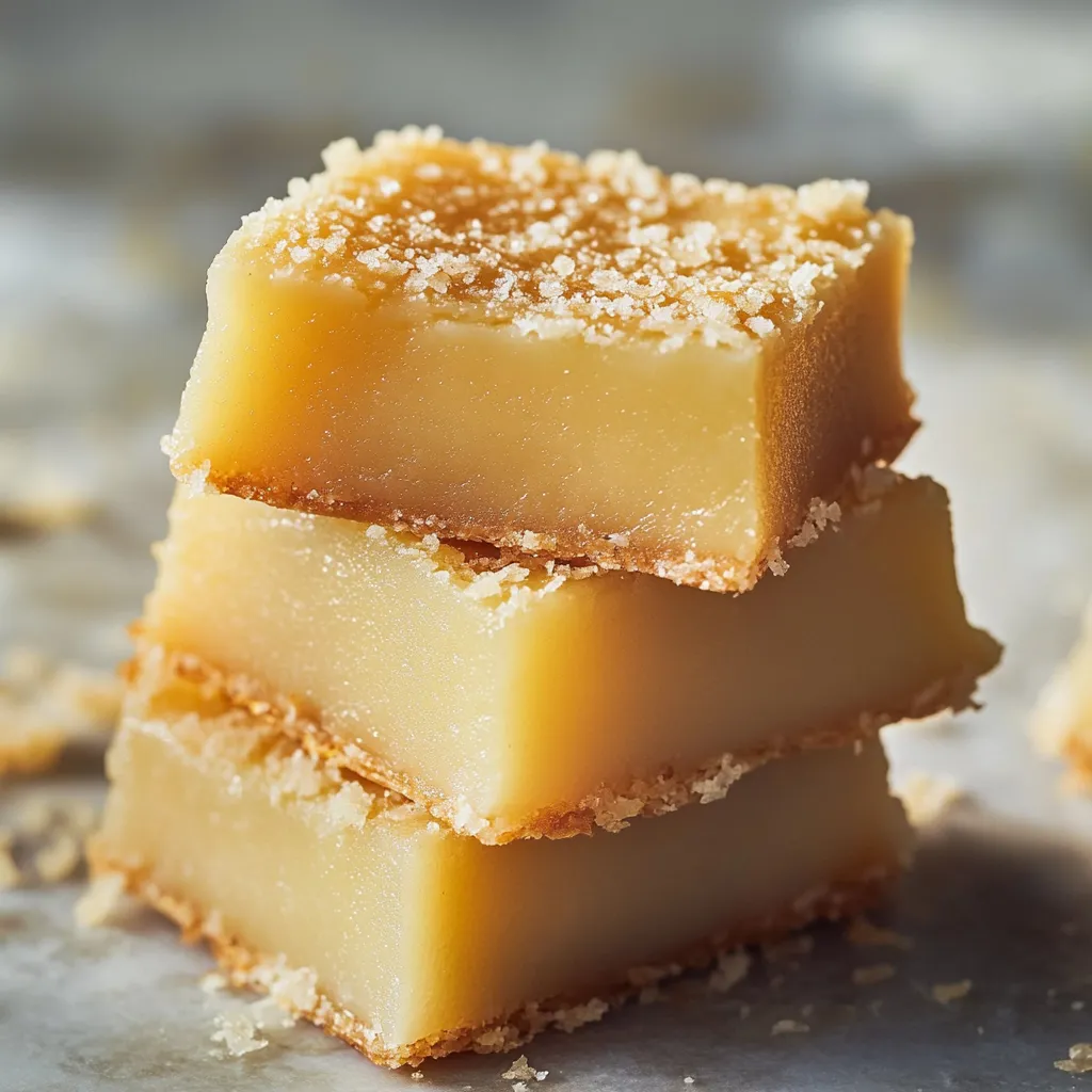 A stack of three butter mochi squares.