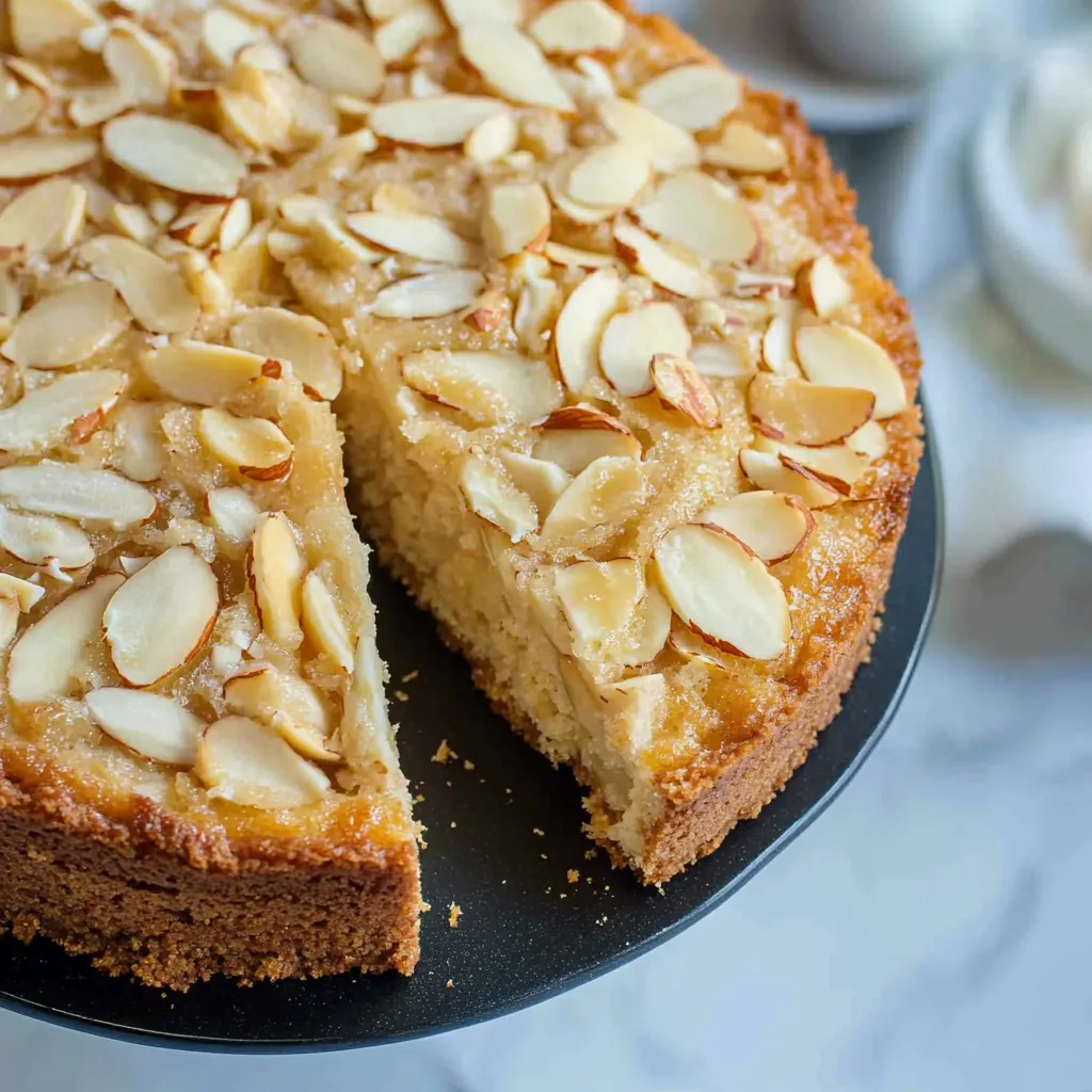 A slice of almond cake served on a plate.