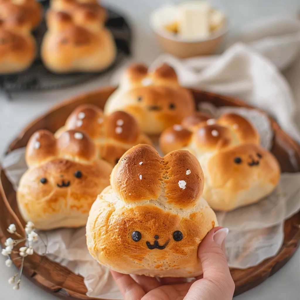 Someone holding a cute bun decorated with a face.