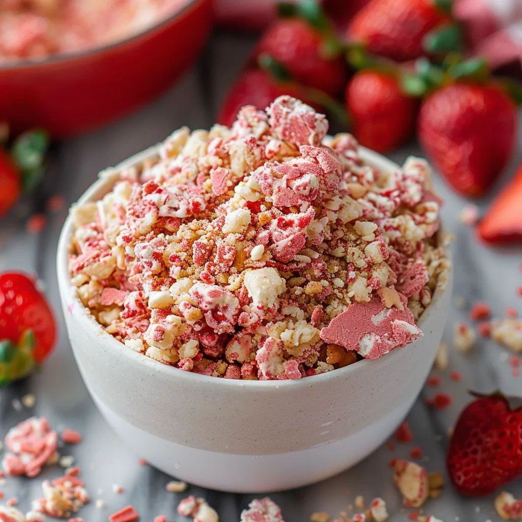 A bowl filled with strawberries and crunchy bits.