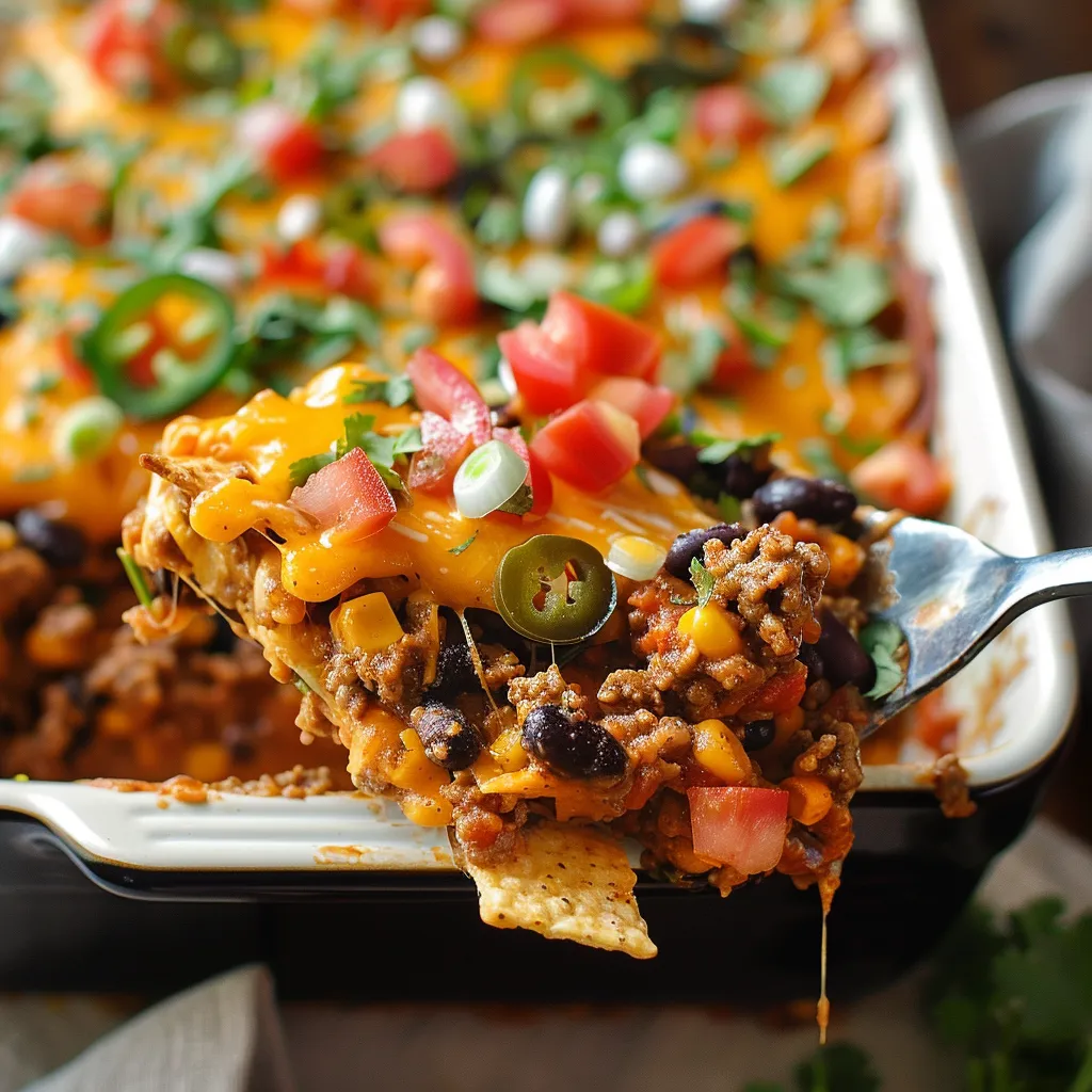 A mouthwatering Mexican casserole with a serving spoon ready to dig in.