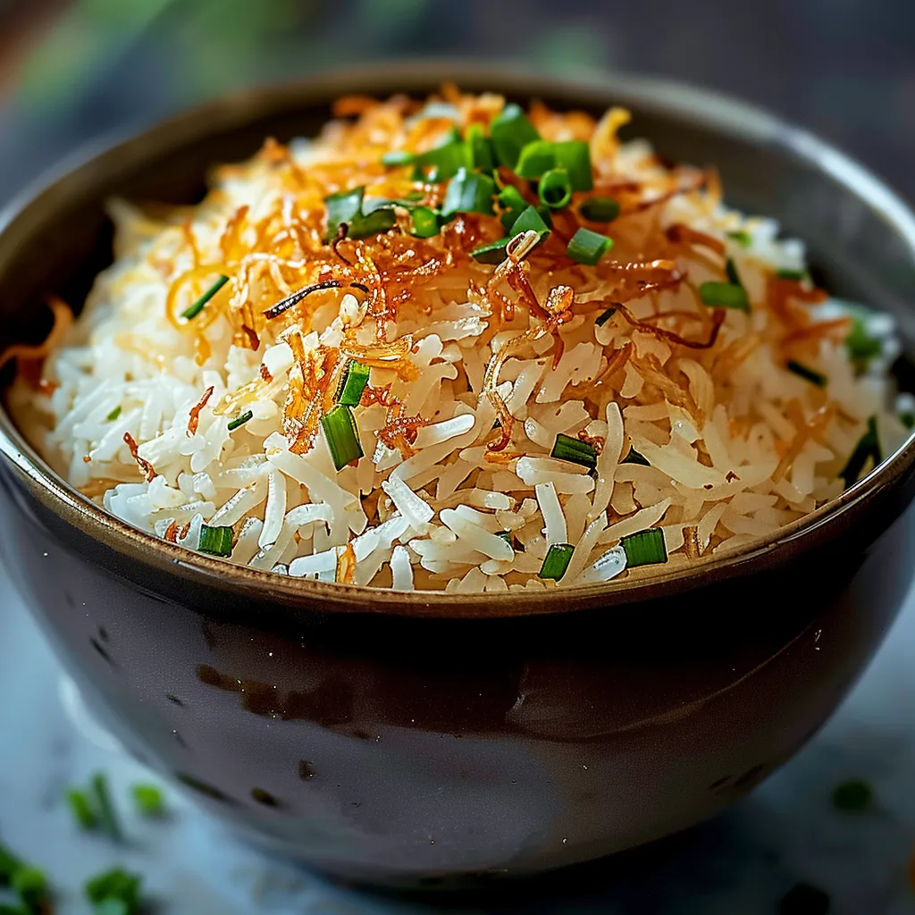 A bowl of rice with fried onions and herbs.