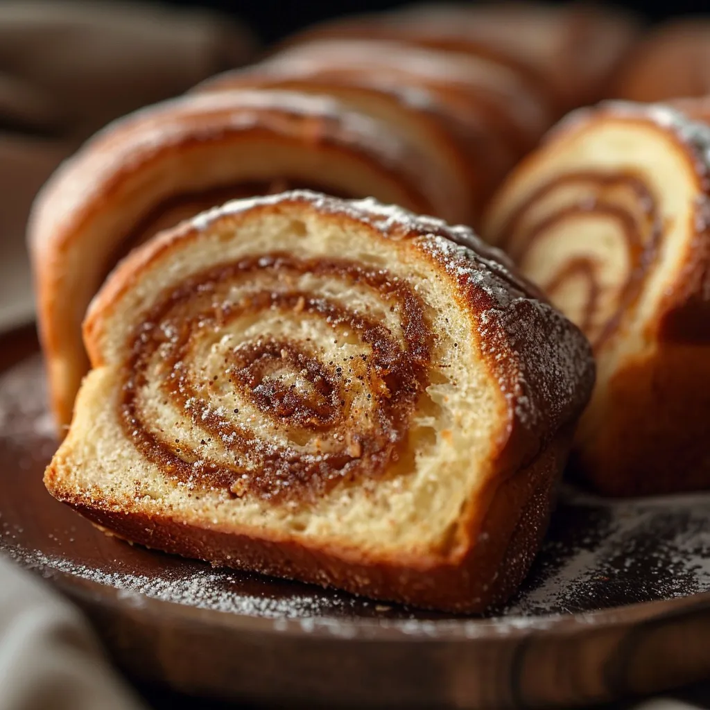 A gorgeous cinnamon loaf sitting on a plate.