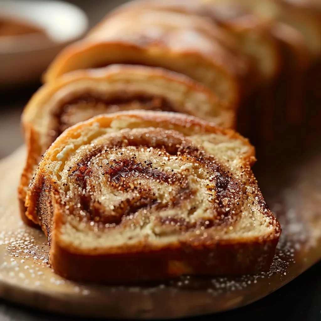 A delicious pastry with a spiral pattern is displayed on a wooden tray.