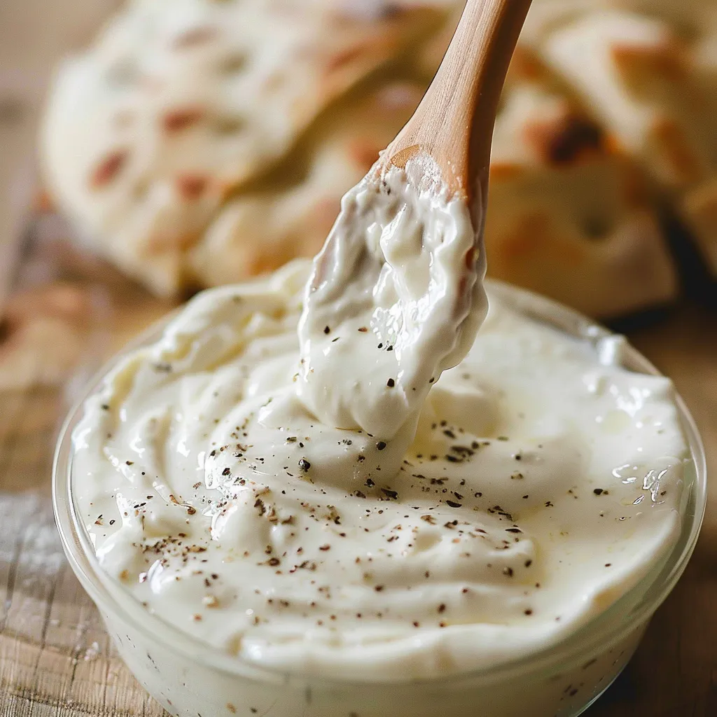 A rustic wooden table holding a bowl of creamy white sauce with a spoon beside it.