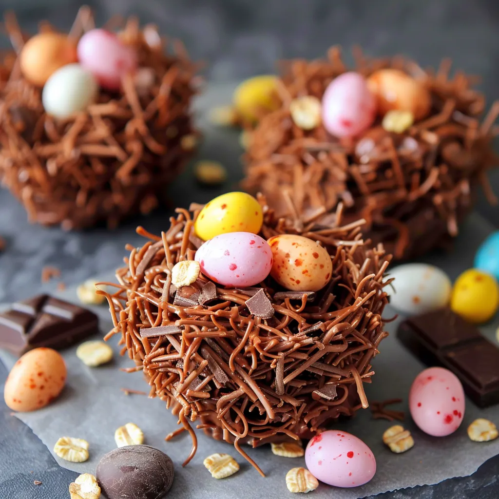 Yummy chocolate and marshmallow nests with cute colorful eggs and candies.