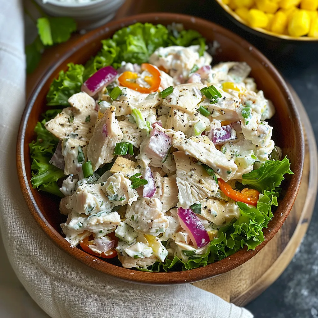 A salad bowl filled with chicken, fresh veggies, and peppers.